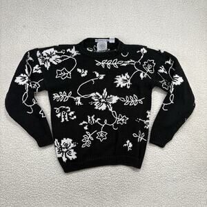 Cape Isle Knitters Hand Knit Women's M Sweater Black White Floral Embroidered